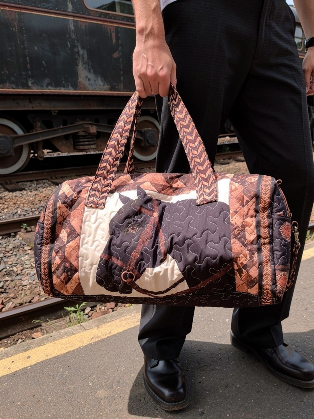 Quilted Horse-Print Duffel Bag - Brown & Black